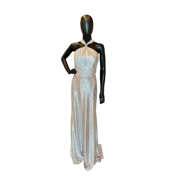 Hayley Paige Rose Liquid Metallic Maxi Formal Dress